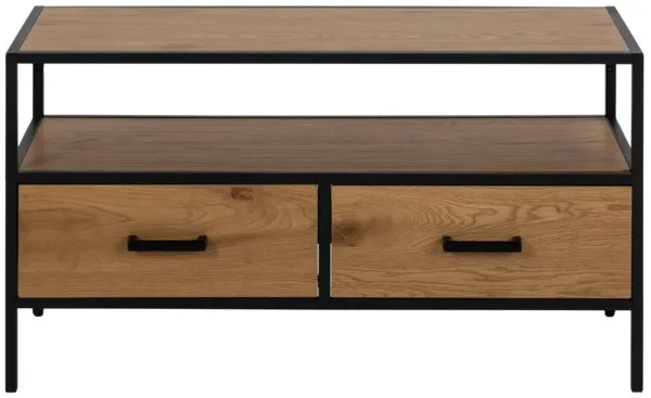 ACT NORDIC Seaford TV-bord, med 1 hylla och 2 lådor - natur vild ek melamin och svart metall (90x35)